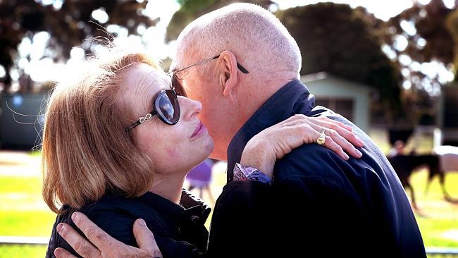 Trainers Gai Waterhouse and Alain de Royer Dupre greet each other at Werribee. Picture: Wayne Ludbey