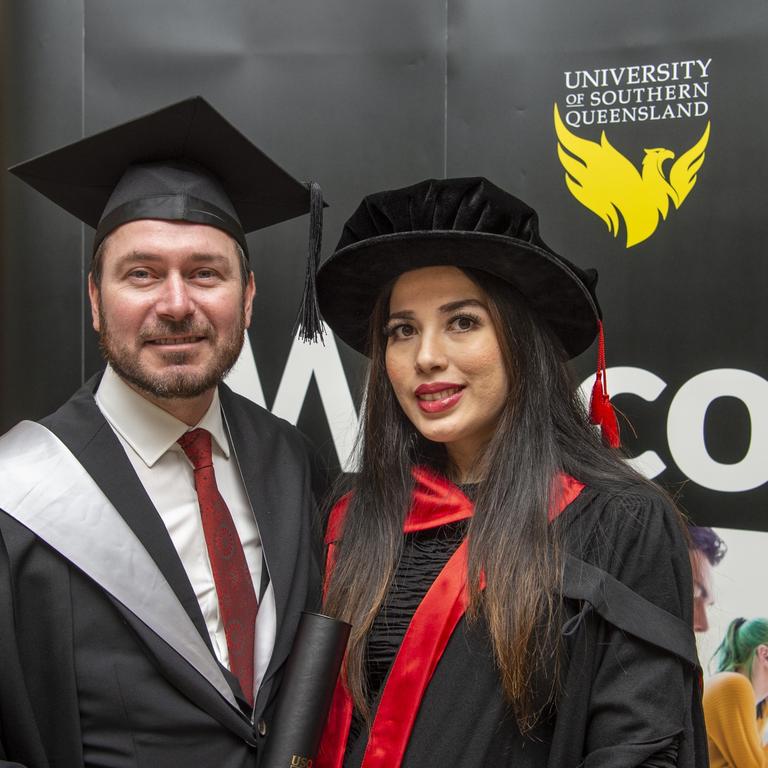 Husband and wife, Daniel (Bachelor of Business and Commerce) and Mojdeh Wright (Doctor of Philosophy) at the USQ graduation on Wednesday, April 14, 2021. Picture: Nev Madsen.