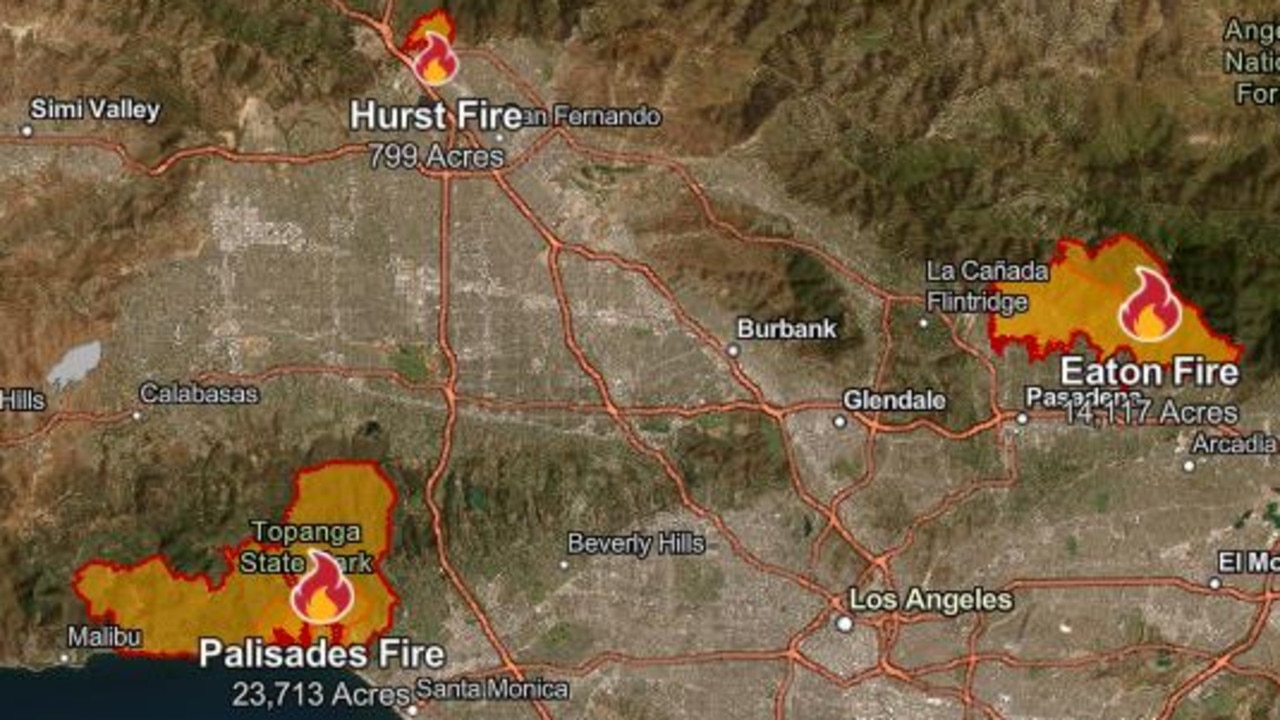 Map showing fires burning in LA. Picture: CAL FIRE