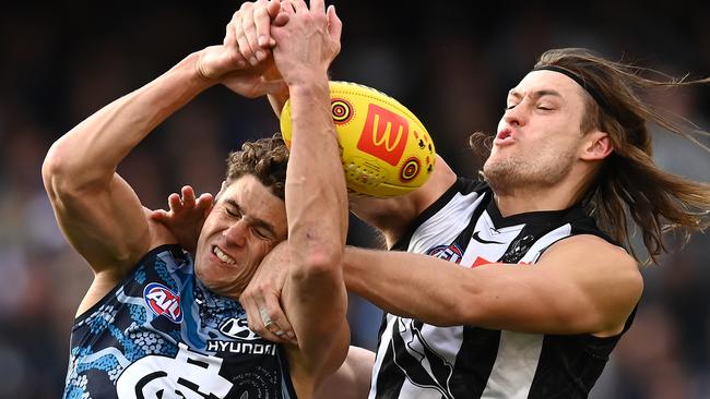 The match-up between Charlie Curnow and Darcy Moore will be box office. Picture: Getty Images