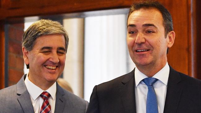 SA Treasurer Rob Lucas and Premier Steven Marshall will likely have mixed feelings about the 2019 Federal Budget. Picture: David Mariuz/AAP