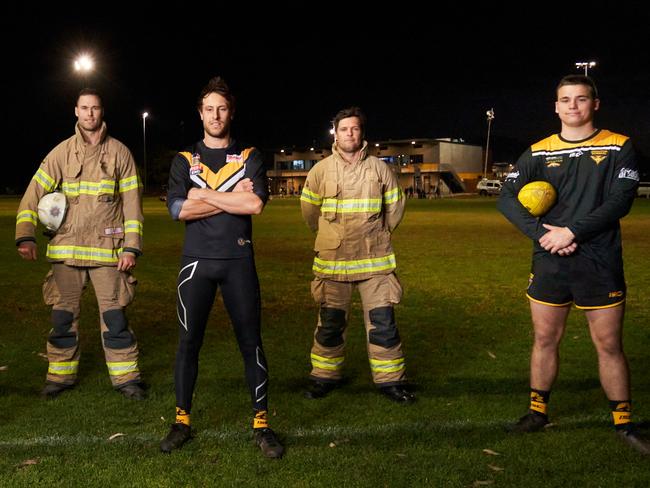 Footballers and Firefighters, Nigel Osborn, Joel Tucker, Bryce Williams, Patrick Gabb, Scott Nerlich, Brad King and Jay Boyle at Brighton Football Club in Brighton, Thursday, Aug. 13, 2020. Picture: MATT LOXTON