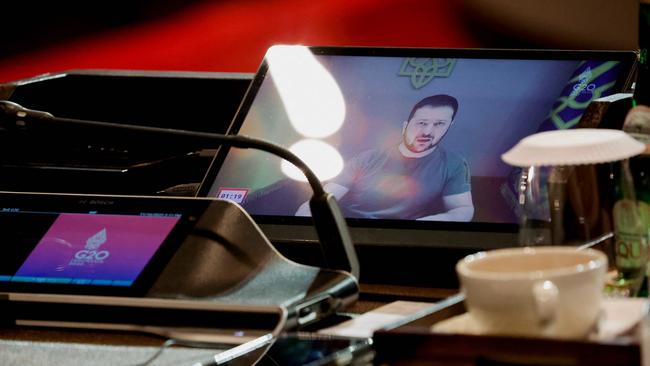 Ukraine's President Volodymyr Zelensky addresses a session virtually during the G20 Summit. Picture: Getty Images