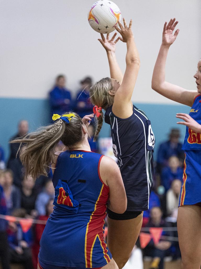 Chloe Dolley of St Ursula's Junior A against Downlands Junior A in Merici-Chevalier Cup netball at Salo Centre, Friday, July 19, 2024. Picture: Kevin Farmer