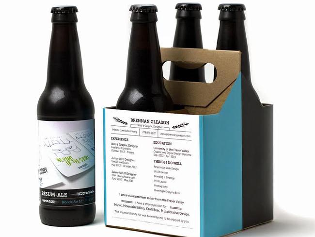 His resume is printed on the packaging while each bottle features work from his portfolio.