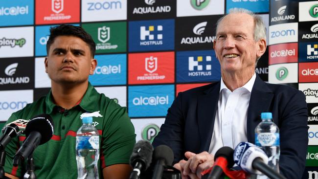 Latrell Mitchell and Wayne Bennett. AAP Image/Bianca De Marchi.