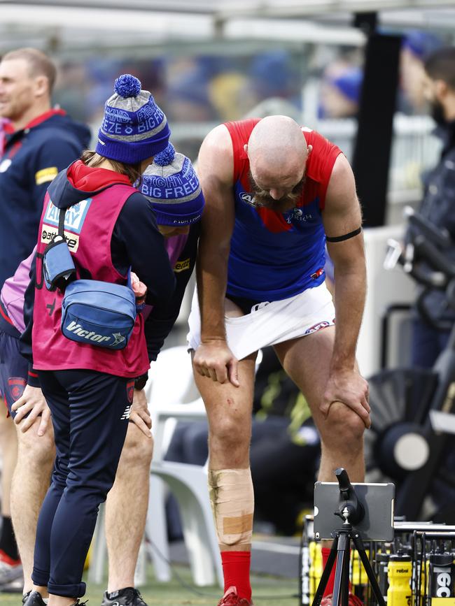 Max Gawn of the Demons comes to the bench. Photo by Darrian Traynor/Getty Images