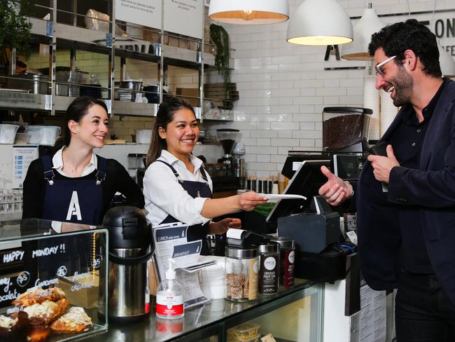 SYDNEY, AUSTRALIA - SEPTEMBER 08, 2020: Staff attend to fewer than normal customers at owner Steve Barbaro's Avenue Cafe at 200 George Street in Sydney Australia, on SEPTEMBER 08 2020. Picture: NCA NewsWire / Gaye Gerard