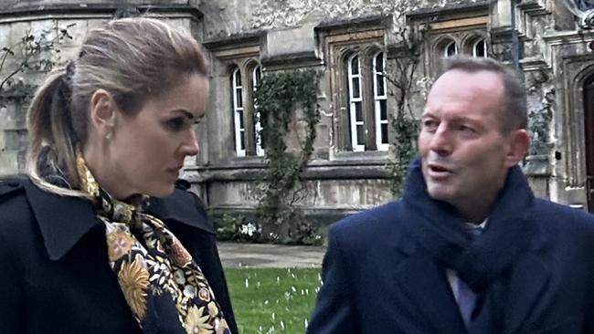 Sky News Australia presenter Peta Credlin and former prime minister Tony Abbott at Oriel College in Oxford, United Kingdom.