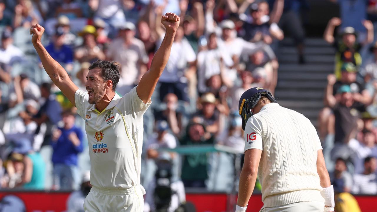 Starc went as close as you can to a Test hat-trick. Photo by Michael Klein.