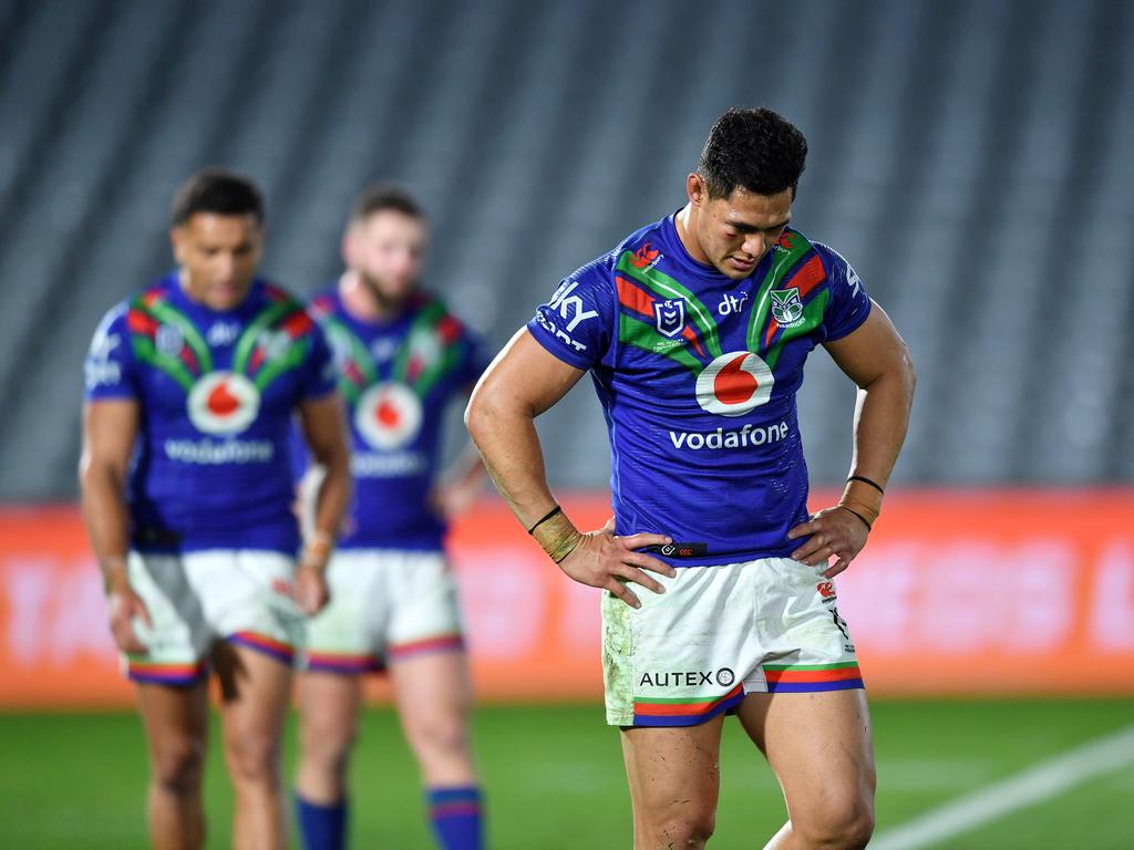 A dejected Warriors skipper Roger Tuivasa-Sheck after the game. Picture: Gregg Porteous/NRL Images