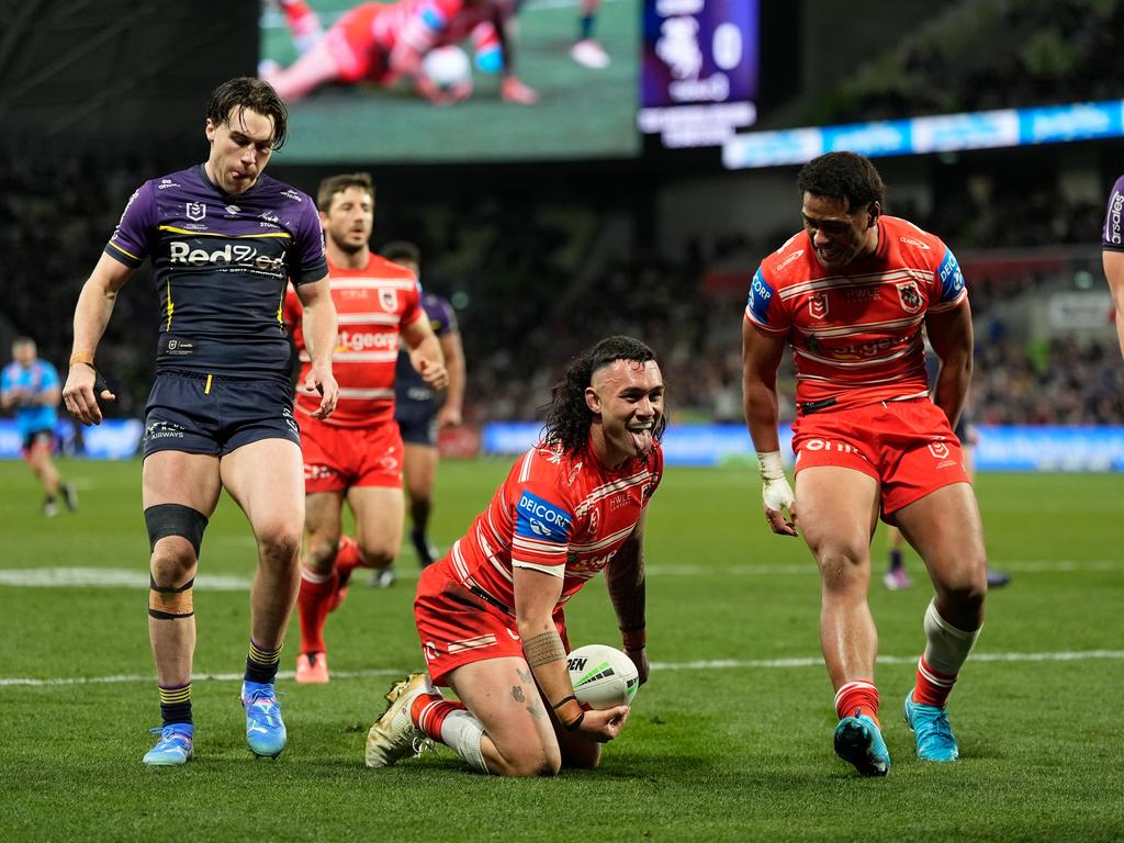 Jaydn Su’A was a standout for the Dragons, scoring two tries. Picture: NRL Imagery