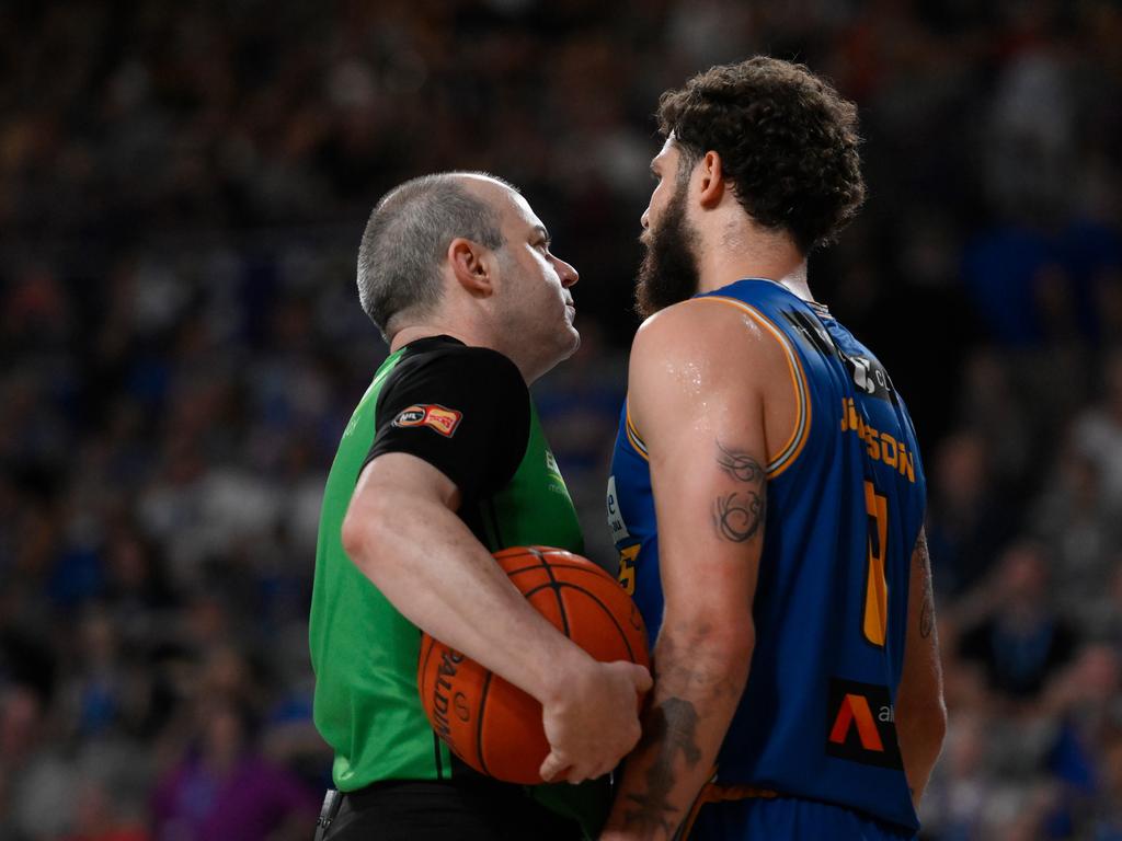 Tyler Johnson speaks with the referee on a day that frustrated fans. Picture: Matt Roberts/Getty Images