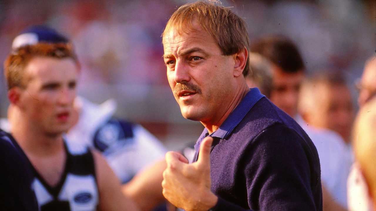 GEELONG DAYS: Malcolm Blight addresses his players during a AFL match in Melbourne. Picture: Getty Images