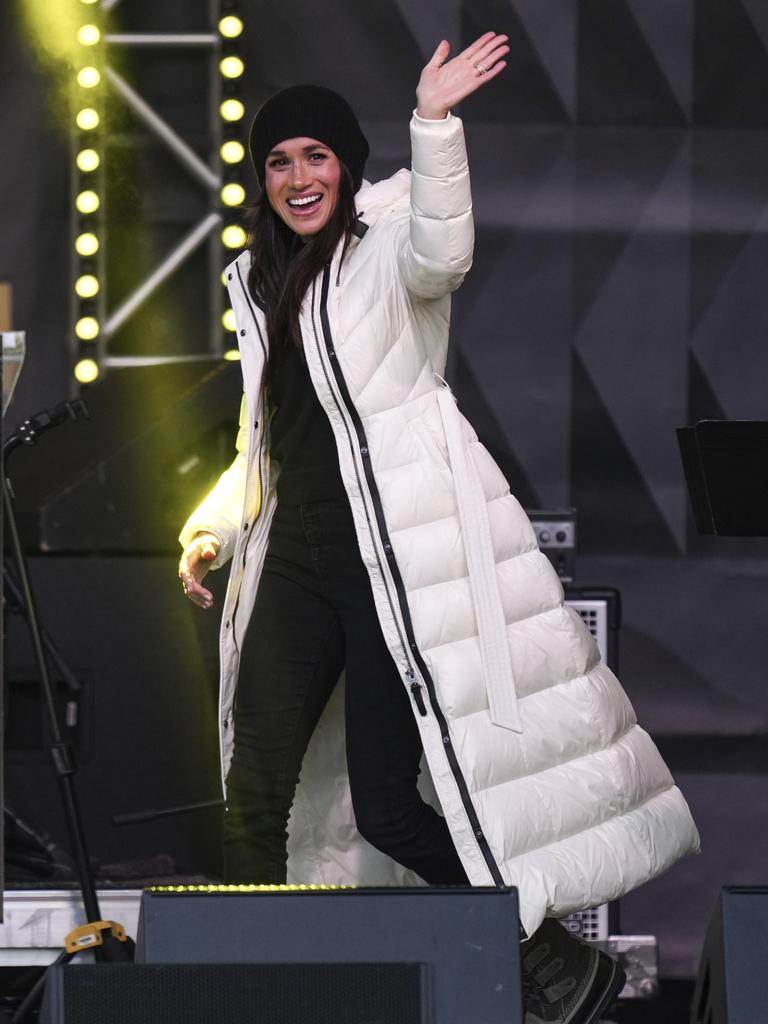 Meghan waves while attending a welcome celebration during the 2025 Invictus Games. Picture: Darryl Dyck/The Canadian Press via AP