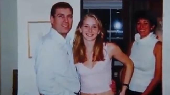 Prince Andrew, Virginia Roberts Giuffre and Ghislaine Maxwell pictured together in 2001. Picture: Supplied