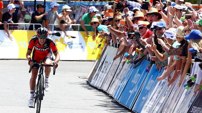 Fans cheering on Richie Porte as he storms towards victory in Stage 5 at Willunga Hill. Photo Sarah Reed