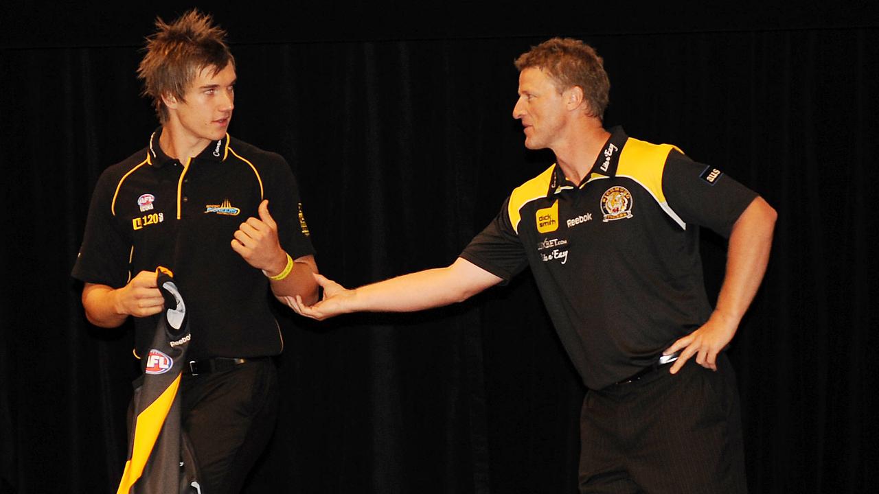 Richmond coach Damien Hardwick with Dustin Martin when he was drafted by the Tigers. Picture: George Salpigtidis