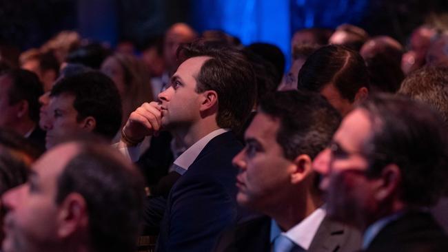 People watch as Donald Trump addresses the Economic Club of New York. Picture: Getty Images via AFP.