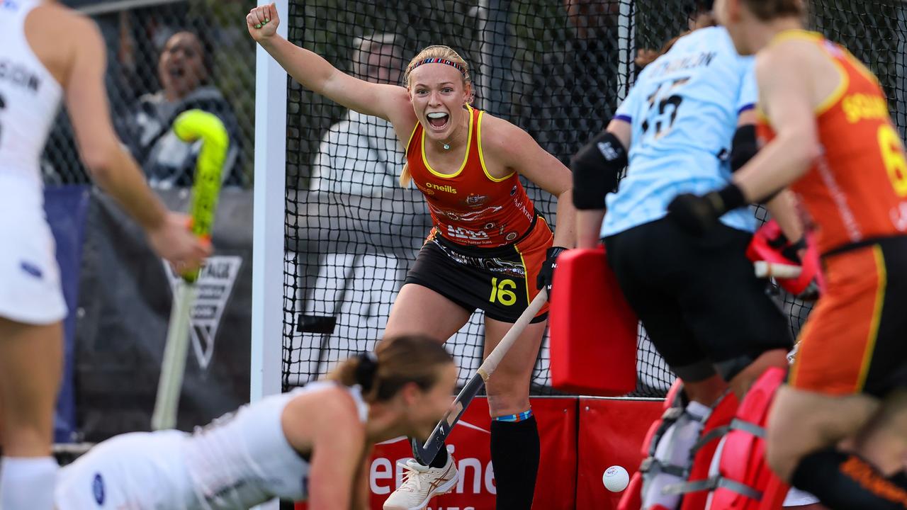 Young gun Courtney Schonell celebrates Rosie Malone's equaliser. Picture: BW Media