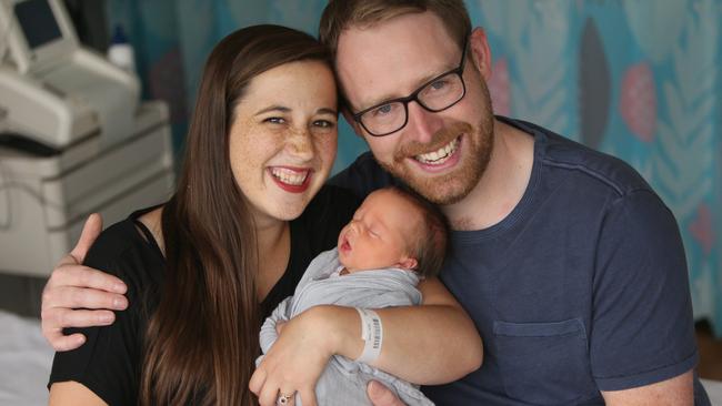 Proud new parents Erin and Matt Linn with their little ‘COVID bub’ Edward Wadmore Linn, born at Ashford Hospital last Monday. Picture: Emma Brasier