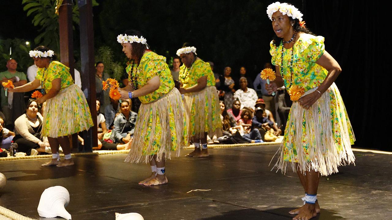 The Gerib Sik Dancers from the Eastern Torres Strait Islands perform at the opening night of the Cairns Indigenous Art Fair at the Cairns Convention Centre. Picture: Brendan Radke