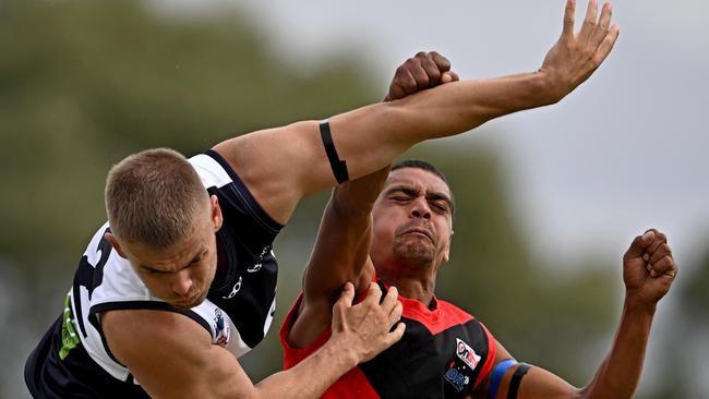 Melton Centrals William Thornton-Gielen and Western RamsÃ Ashley Gray during the Riddell District FNL Western Rams v Melton Centrals football match at Ian Cowie Recreation Reserve in Rockbank, Saturday, April 1, 2023. Picture: Andy Brownbill