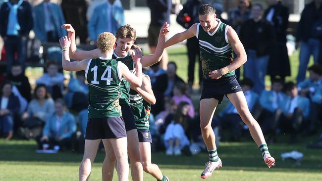 Geelong College celebrate a goal. Picture: Alan Barber