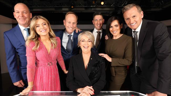 7 News presenter Jane Doyle with colleagues Bruce Abernethy, Amelia Mulcahy, Mike Smithson, Jane Doyle, Will Goodings, Rosanna Mangiarelli and Mark Sodastrom, before her last news bulletin Thursday. Picture Emma Brasier