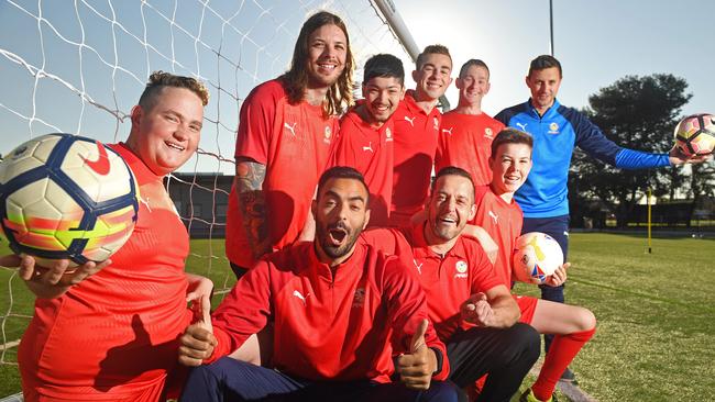 SA’s national Cerebral Palsy Championships team. Chris Okley, Nash McLean, 22, Thomas Ng, 25, Taylor Harvey, 22, James Von Stanke, 30, Riley Stubing, 15, and coaches Marco Flores, Andrew Panazzolo and Jake Brindley Picture: Tom Huntley