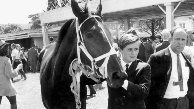 Strapper Ron Dawson leads Big Philou away from the course after his shock late scratching from the 1969 Melbourne Cup.