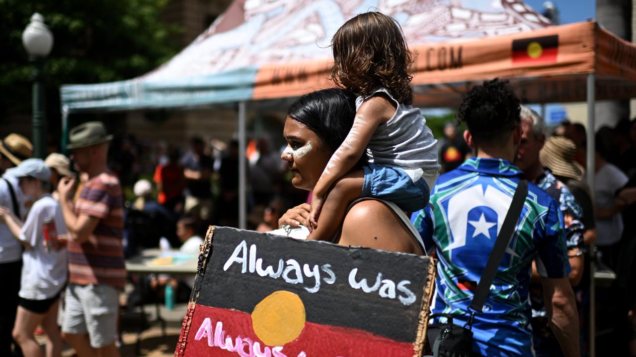 Protesters take part in an Invasion Day rally and march in Brisbane, coinciding with Australia Day. Picture: NCA Newswire / Dan Peled