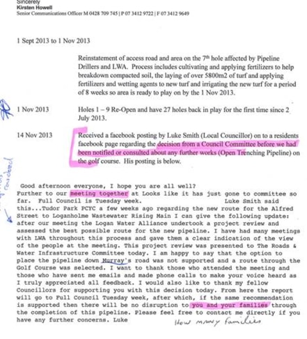 An excerpt of a letter from former Logan councillor Luke Smith about the plans to re-route the sewer line through the golf links.