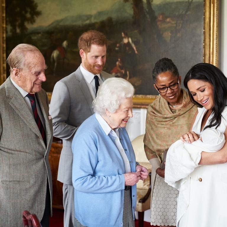 The couple shared this picture of the Queen and Prince Philip and Meghan’s mum Doria after Archie’s birth. Picture: Chris Allerton/SussexRoyal via Getty Images