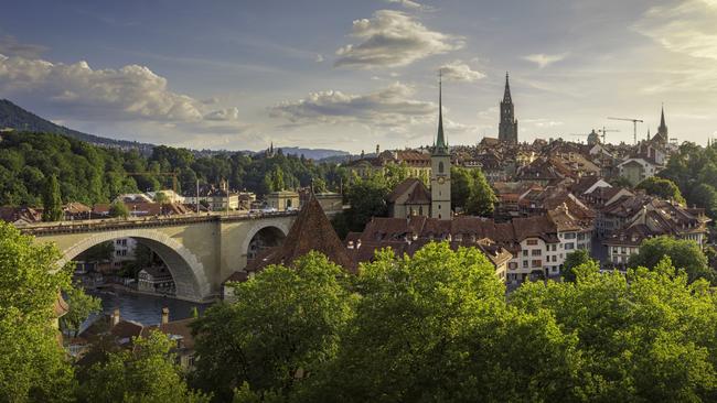 The Swiss capital Bern overlooks a crook of the Aare River.