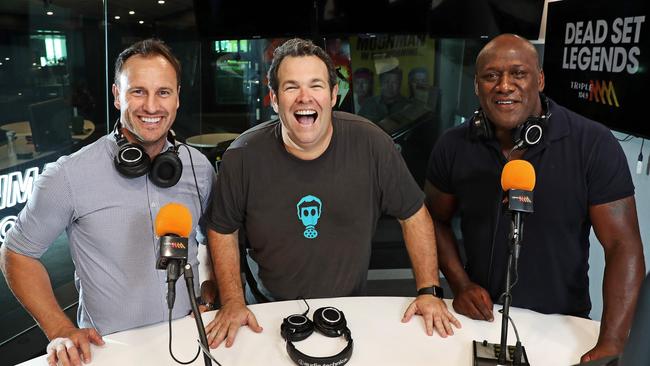 The Dead Set Legends team at Triple M (left to right) Jude Bolton, Gus Worland and Wendell Sailor. Picture: Tim Hunter.