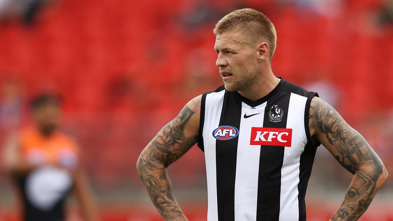 Jordan De Goey of the Magpies watches on during the loss to GWS. Picture: Mark Kolbe/Getty Images