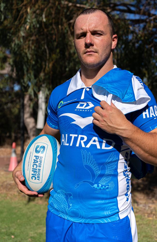 Dylan Pietsch wearing the Indigenous designed jersey that he created for the Western Force's match against the British & Irish Lions.