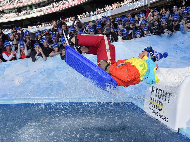 Simon Goodwin hits the ice. Picture: Jason Edwards