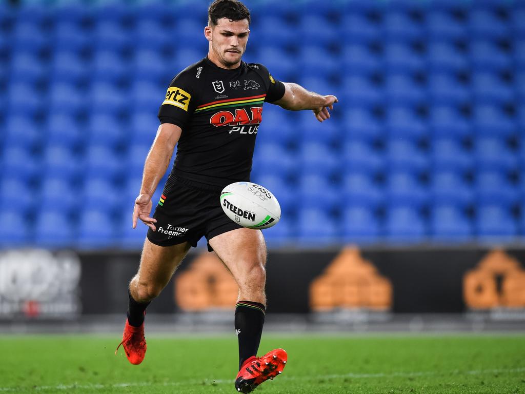 Bombs away. Nathan Cleary loads up another skyscraping kick. NRL Imagery