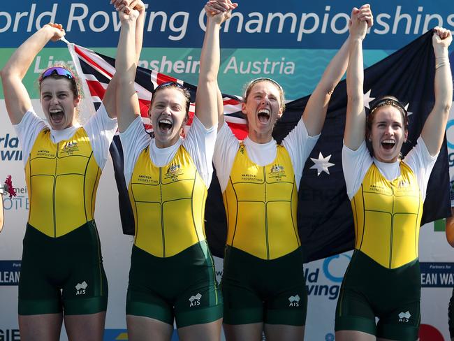 Australia’s Olympia Aldersey, Katrina Werry, Sarah Hawe and Lucy Stephan celebrate during the victory ceremony after winning the gold medal in the Women's Four final during Day Seven of the 2019 World Rowing Championships in Linz-Ottensheim, Austria. Picture: NAOMI BAKER/GETTY IMAGES