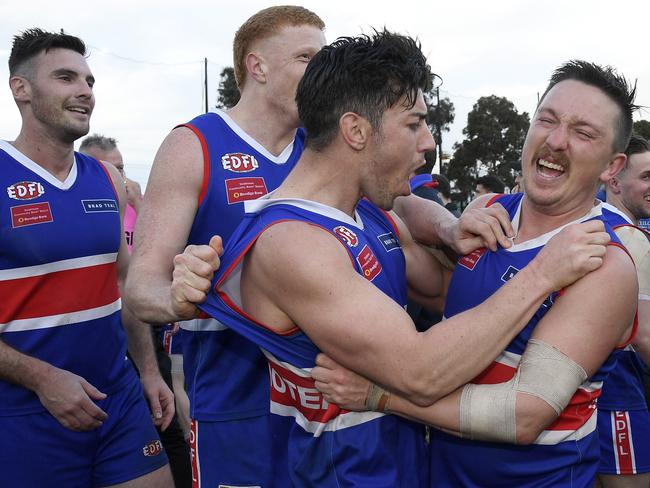 Keilor players are ecstatic after an eight-point win. Picture: Andy Brownbill