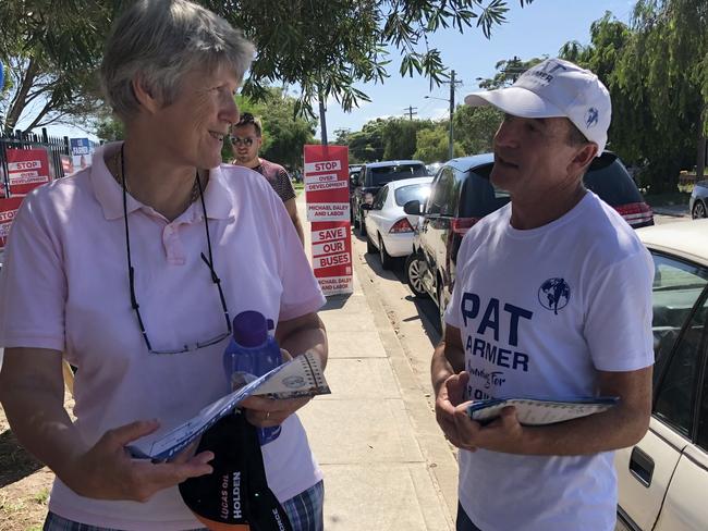 Maroubra Liberal candidate Pat Farmer chats with a voter at Maroubra Junction Public School. Picture: Heath Parkes-Hupton