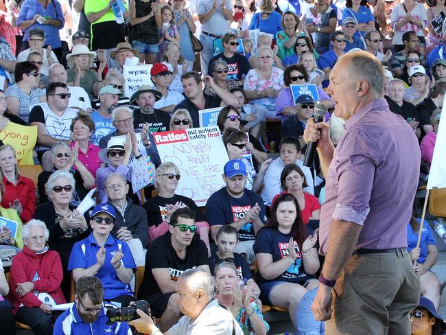 Wyong MP David Harris spoke in support of the protest at Kanwal where 2000 people turned out to oppose the government’s plans to privatise Wyong Hospital. Picture: Mark Scott