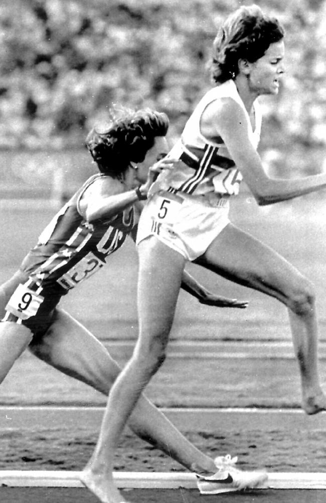 Mary Slaney (nee Decker) falls to ground after colliding with Zola Budd during the 3000m run in the 1984 Olympic Games, Los Angeles.