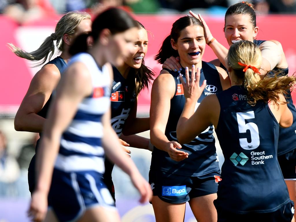 Maddy Guerin enjoys a goal against Geelong. Picture: Josh Chadwick/AFL Photos/via Getty Images