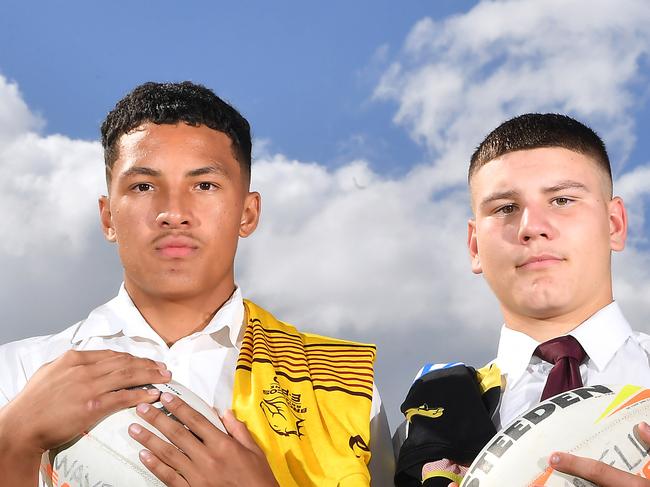 Peter Benjamin Uini, Jared Horne, Charlie Dickson and Karl Oloapu.Wavell SHS boys who have signed with NRL clubs.Thursday April 21, 2022. Picture, John Gass