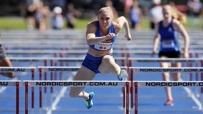 Sally Pearson contests the Queensland athletics championships women’s 100m hurdles finals. Picture: AAP