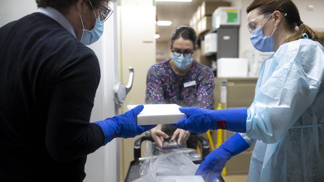 The Pfizer COVID-19 vaccine arriving at the Monash Medical Centre last month Photo: Arsineh Houspian