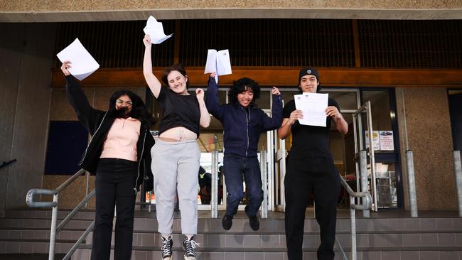 Veronica Dasari, Dakota Macfarlane, Jermaine Walmsley and Anton Dan celebrate end of HSC. Picture: Rohan Kelly